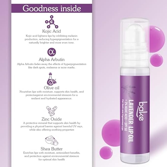 BAKE 2% KOJIC ACID LAVENDER BRIGHTENING LIP BALM OIL FOR DARK & PIGMENTED LIPS WITH SPF 50 PA++++ WITH ALPHA ARBUTIN - 15G - Image 3